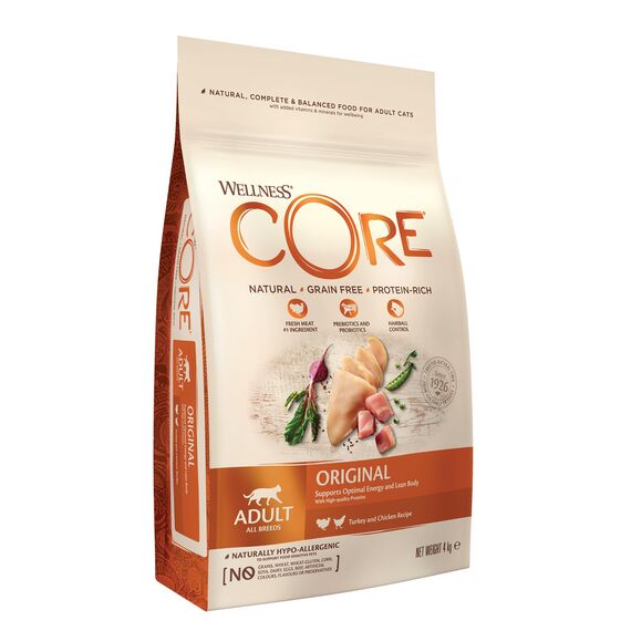 Wellness CORE Original 4 kg, Huhn & Truthahn – Katzenfutter Trocken für ausgewachsene Katzen, getreidefrei, natürlich, hypoallergen, proteinreich, für optimale Energie und einen schlanken Körper