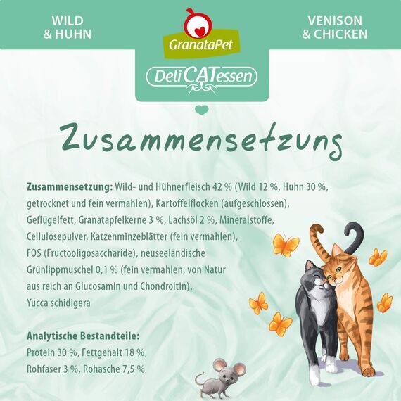 GranataPet DeliCatessen Wild & Huhn Adult, Trockenfutter für Katzen, schmackhaftes Katzenfutter, Alleinfuttermittel ohne Getreide & ohne Zuckerzusätze, 9 kg