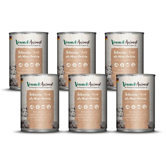 Venandi - Premium Nassfutter für Katzen - Schwein als Monoprotein, 6 x 400g (6er Pack), getreidefrei mit extra viel Fleisch