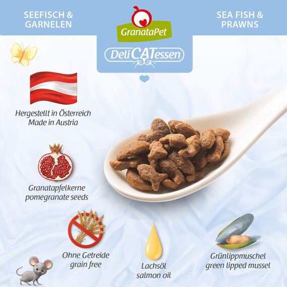 GranataPet DeliCatessen Seefisch & Garnelen Adult, Trockenfutter für Katzen, schmackhaftes Katzenfutter, Alleinfuttermittel ohne Getreide & ohne Zuckerzusätze, 9 kg