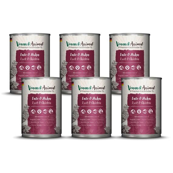 Venandi - Premium Nassfutter für Katzen - Ente & Huhn, 6 x 400g (6er Pack), getreidefrei mit extra viel Fleisch