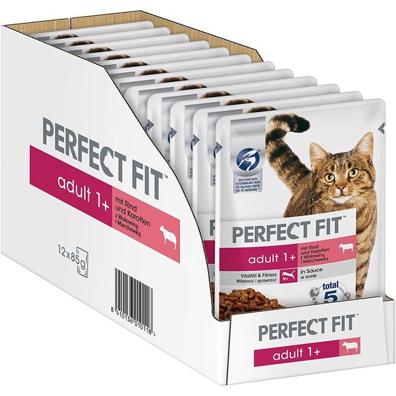 Perfect Fit Katzenfutter Nassfutter Adult 1+ mit Rind & Karotten in Sauce, 12 Portionsbeutel (12 x 85g)
