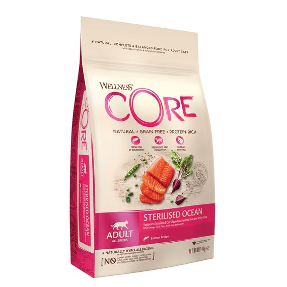 Wellness CORE Sterilised Ocean 4 kg, Lachs – Katzenfutter Trocken für sterilisierte Katzen, getreidefrei, natürlich, hypoallergen, proteinreich, unterstützt gesunde Haut und glänzendes Fell