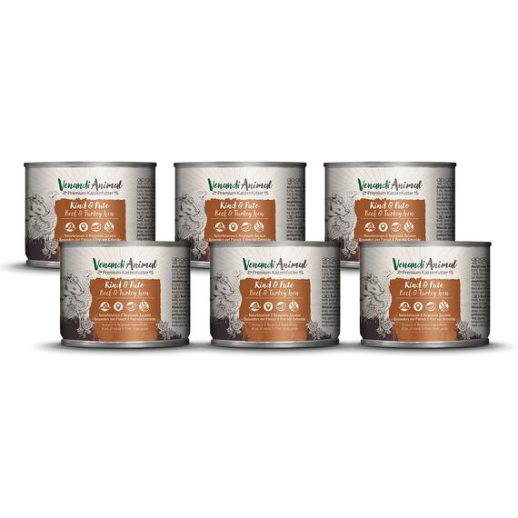 Venandi - Premium Nassfutter für Katzen - Rind & Pute, 6 x 200g (6er Pack), getreidefrei mit extra viel Fleisch