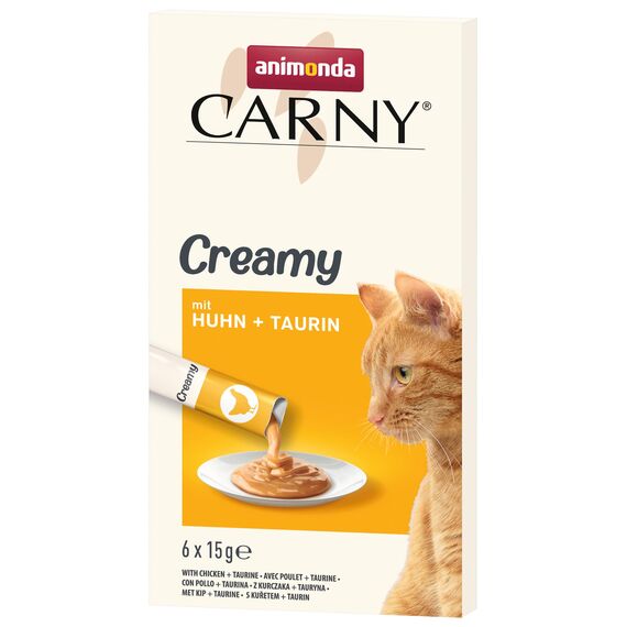 animonda Carny Creamy Katzensnack (6 x 15g), Premium Katzensnack für anspruchsvolle Feinschmecker mit zartem Huhn und wertvollem Taurin
