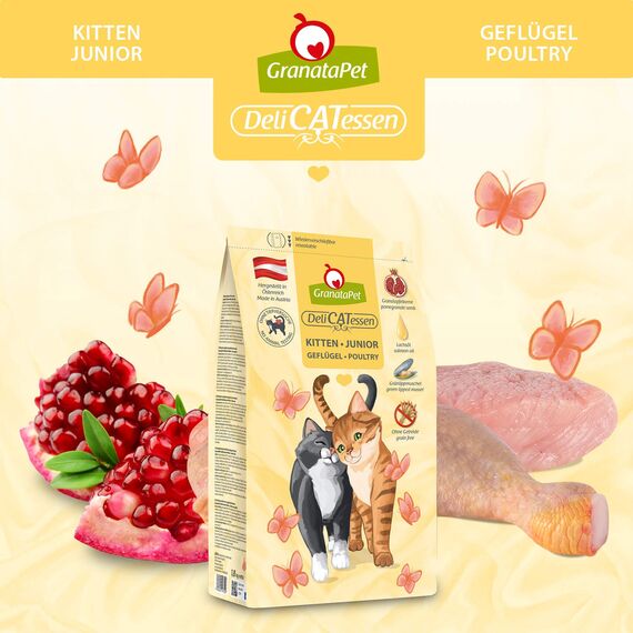 GranataPet DeliCatessen Kitten / Junior Geflügel, Trockenfutter für Katzen, schmackhaftes Katzenfutter, Alleinfuttermittel ohne Getreide & ohne Zuckerzusätze, 300 g