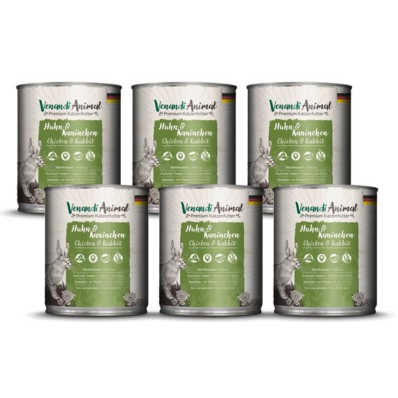 Venandi - Premium Nassfutter für Katzen - Huhn & Kaninchen 6 x 800g (6er Pack), getreidefrei mit extra viel Fleisch