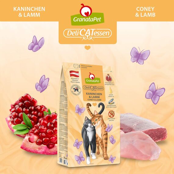 GranataPet DeliCatessen Kaninchen & Lamm Adult, Trockenfutter für Katzen, schmackhaftes Katzenfutter, Alleinfuttermittel ohne Getreide & ohne Zuckerzusätze, 300 g