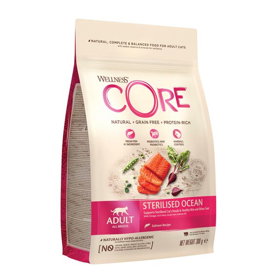 Wellness CORE Sterilised Ocean 300g, Lachs – Katzenfutter Trocken für sterilisierte Katzen, getreidefrei, natürlich, hypoallergen, proteinreich, unterstützt gesunde Haut und glänzendes Fell