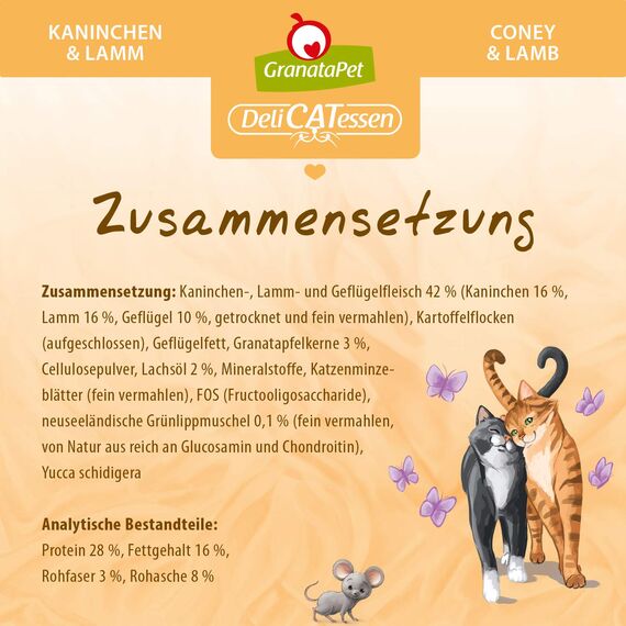 GranataPet DeliCatessen Kaninchen & Lamm Adult, Trockenfutter für Katzen, schmackhaftes Katzenfutter, Alleinfuttermittel ohne Getreide & ohne Zuckerzusätze, 300 g
