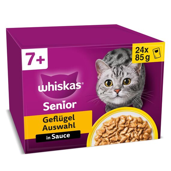 Whiskas 7+ Katzenfutter Geflügel Auswahl in Sauce, 24x85g (2 Packungen) – Hochwertiges Nassfutter ab dem 7. Lebensjahr in 48 Portionsbeuteln