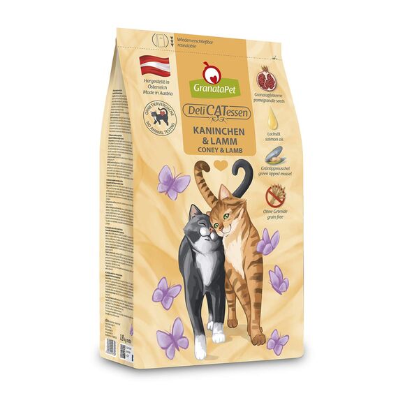 GranataPet DeliCatessen Kaninchen & Lamm Adult, Trockenfutter für Katzen, schmackhaftes Katzenfutter, Alleinfuttermittel ohne Getreide & ohne Zuckerzusätze, 300 g