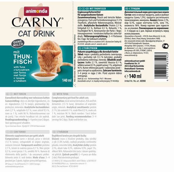 animonda Carny Drink Katzensnack Drink mit Thunfisch (24 x 140ml), Katzensuppe, Katzensnack ohne Milch, Getreide ohne Zucker
