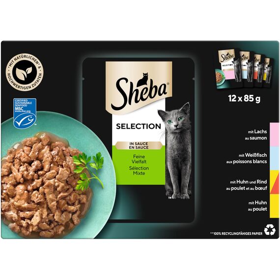 Sheba Selection in Sauce Katzennassfutter – Feine Vielfalt (MSC) – Hochwertiges Feuchtfutter in 48 Portionsbeuteln für Katzen – Katzenfutter – 4er Pack (4 x 12 Portionsbeutel à 85g)