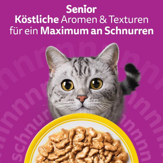 Whiskas 7+ Katzenfutter Geflügel Auswahl in Sauce, 24x85g (2 Packungen) – Hochwertiges Nassfutter ab dem 7. Lebensjahr in 48 Portionsbeuteln