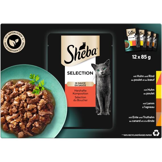 Sheba Katzennassfutter Selection in Sauce, 48 Portionsbeutel, 12x85g (4er Pack) – Katzenfutter nass, Herzhafte Komposition in Sauce für ausgewachsene Katzen
