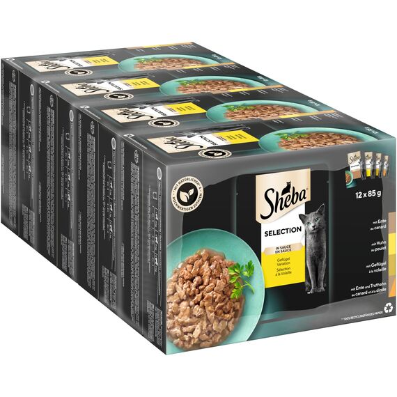 Sheba Selection in Sauce Katzennahrung – Katzenfutter in 48 Portionsbeuteln – Geflügel Variation in Sauce für ausgewachsene Katzen – 4er Pack (4 x 12 Portionsbeutel à 85g)