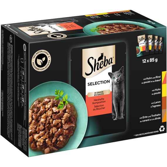 Sheba Katzennassfutter Selection in Sauce, 48 Portionsbeutel, 12x85g (4er Pack) – Katzenfutter nass, Herzhafte Komposition in Sauce für ausgewachsene Katzen