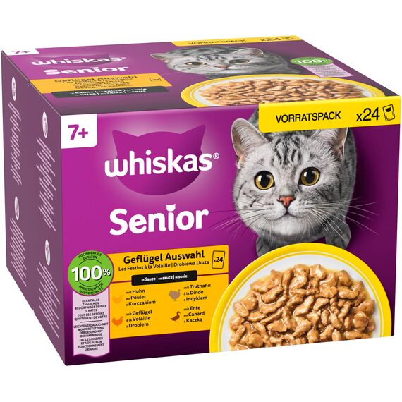 Whiskas 7+ Katzenfutter Geflügel Auswahl in Sauce, 24x85g (2 Packungen) – Hochwertiges Nassfutter ab dem 7. Lebensjahr in 48 Portionsbeuteln