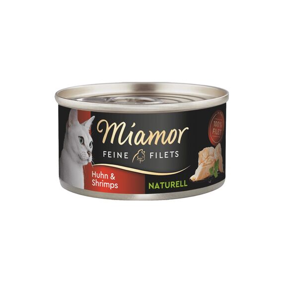Miamor - Feine Filets Naturelle | Nassfutter für ausgewachsene Katzen mit Filetstückchen im eigenen Saft. Fettarmes Ergänzungsfutter in der Dose ohne künstliche Zusätze | 24x80g Huhn & Schrimps