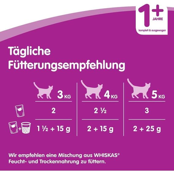 Whiskas 1+ Katzennassfutter – Klassische Auswahl in Sauce – Hochwertiges Nassfutter in 48 Portionsbeuteln für eine glückliche Katze ab 1 Jahr – Katzenfutter – 4er Pack (4 x 12 Portionsbeutel à 100g)