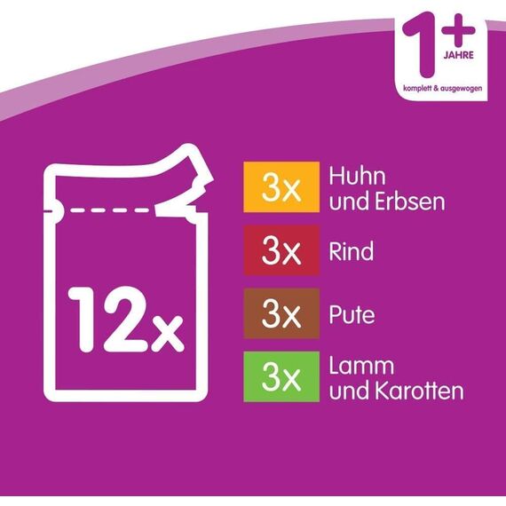 Whiskas 1+ Katzennassfutter – Klassische Auswahl in Sauce – Hochwertiges Nassfutter in 48 Portionsbeuteln für eine glückliche Katze ab 1 Jahr – Katzenfutter – 4er Pack (4 x 12 Portionsbeutel à 100g)