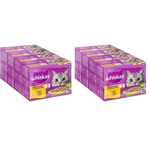 Whiskas Senior 11+ Katzennassfutter Geflügel Auswahl in Gelee, 48 Portionsbeutel, 12x85g (8er Pack) – Hochwertiges Katzenfutter nass, für Katzen ab dem 11. Lebensjahr