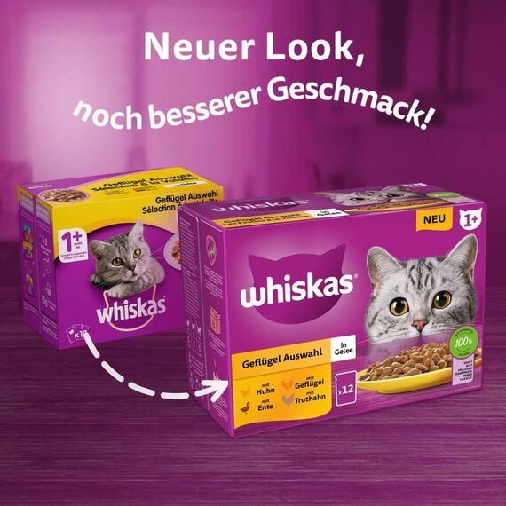 WHISKAS Nassfutter in Gelee für Katzen 12 x 85g Geflügel Auswahl (4 Packungen) 48 Portionsbeutel
