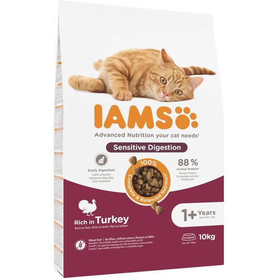 IAMS Sensible Verdauung Katzenfutter trocken mit Pute - Trockenfutter für Katzen mit empfindlichen Mägen ab 1 Jahr, 10 kg