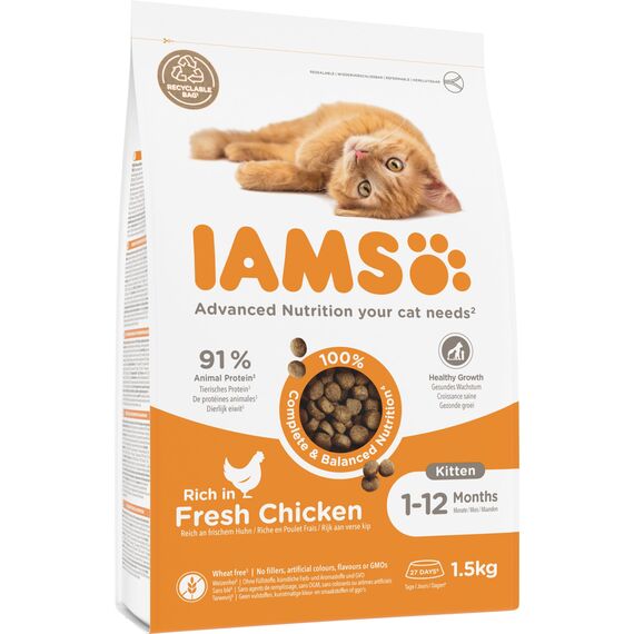 IAMS Junior Katzenfutter trocken mit Huhn - Trockenfutter für Kitten im Alter von 1-12 Monaten, 1,5 kg