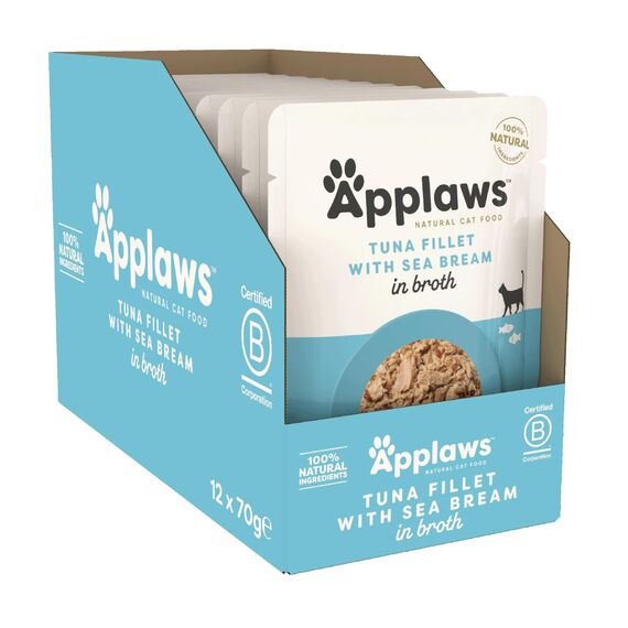 Applaws Premium Natural Katzenfutter Nass, Thunfischfilet mit Seebrasse in Brühe 70g Portionsbeutel (12x70g )