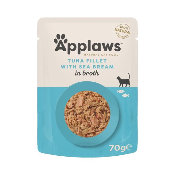 Applaws Premium Natural Katzenfutter Nass, Thunfischfilet mit Seebrasse in Brühe 70g Portionsbeutel (12x70g )