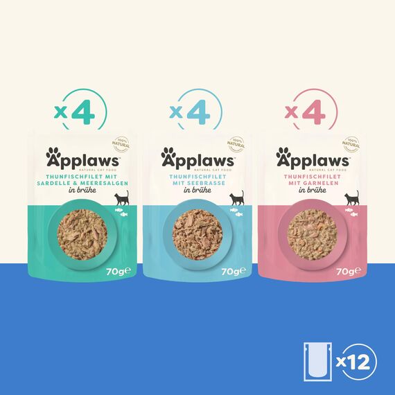 Applaws Premium Natural Katzenfutter Nass, Fischauswahl in Brühe 70g Portionsbeutel (12x70g )