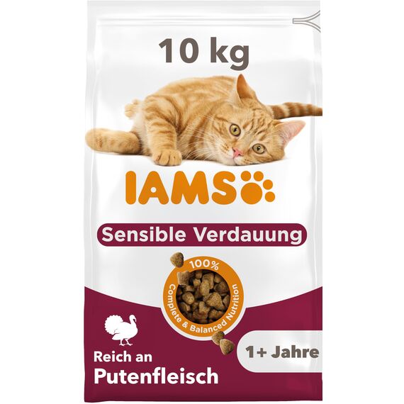 IAMS Sensible Verdauung Katzenfutter trocken mit Pute - Trockenfutter für Katzen mit empfindlichen Mägen ab 1 Jahr, 10 kg