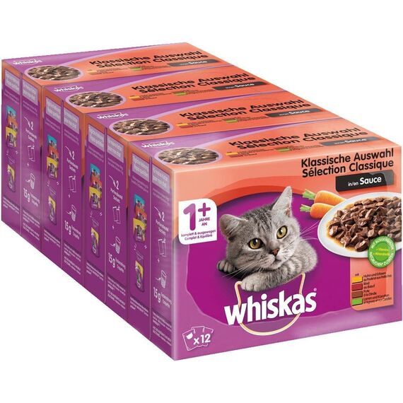Whiskas 1+ Katzennassfutter – Klassische Auswahl in Sauce – Hochwertiges Nassfutter in 48 Portionsbeuteln für eine glückliche Katze ab 1 Jahr – Katzenfutter – 4er Pack (4 x 12 Portionsbeutel à 100g)