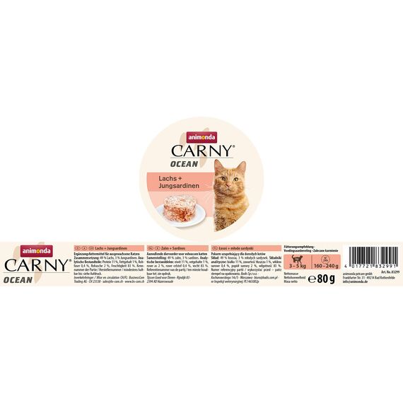 animonda Carny Ocean Katzen Nassfutter Lachs+ Jungsardinen (12 x 80 g), Katzenfutter nass für ausgewachsene Katzen, mit zartem Fischfilet, ohne Getreide ohne Zucker