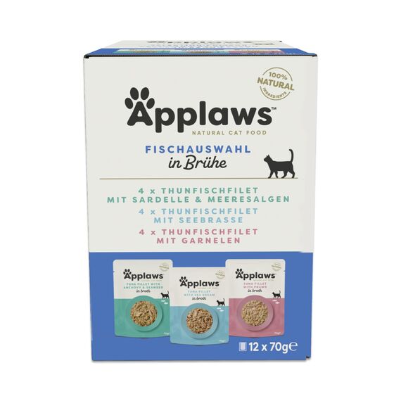 Applaws Premium Natural Katzenfutter Nass, Fischauswahl in Brühe 70g Portionsbeutel (12x70g )