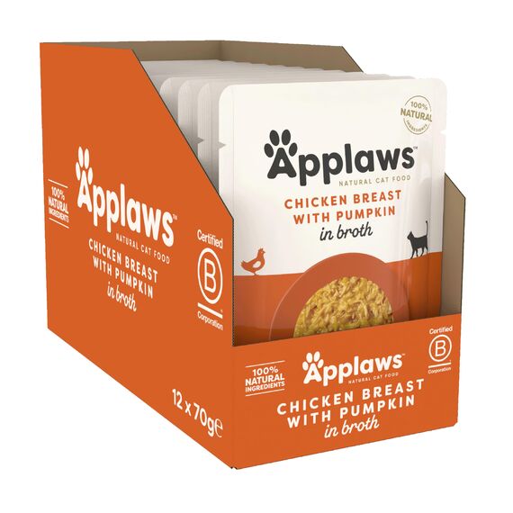 Applaws Premium Natural Katzenfutter Nass, Hühnerbrust und Kürbis in Brühe 70g Portionsbeutel (12x70g )