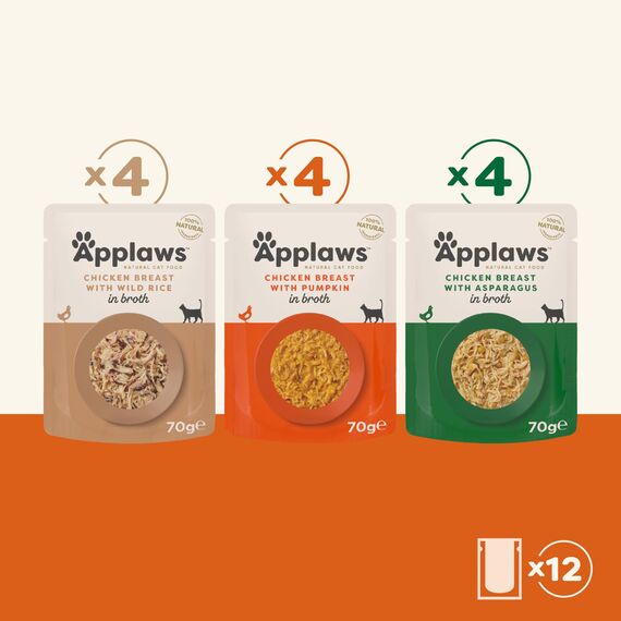 Applaws Premium Natural Cat Food Nassfutter, Hühnerauswahl in Brühe 70g Portionsbeutel (12x70g )