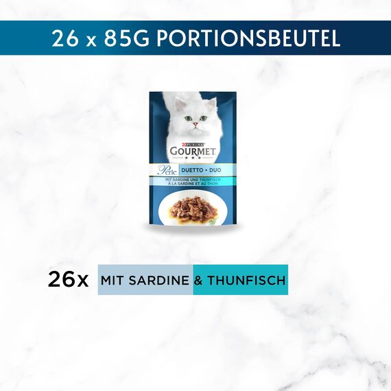 Gourmet Perle Duetto Katzenfutter nass, mit Sardinen und Thunfisch, 26er Pack (26 x 85g)