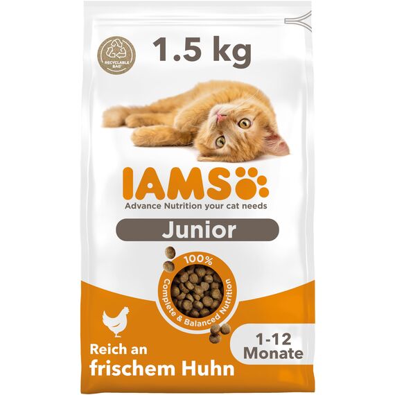 IAMS Junior Katzenfutter trocken mit Huhn - Trockenfutter für Kitten im Alter von 1-12 Monaten, 1,5 kg