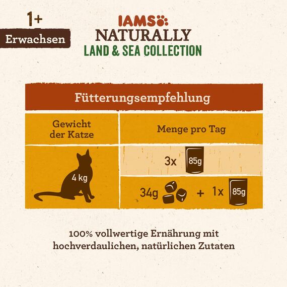 IAMS Naturally Katzenfutter Nass in Sauce - hochwertiges Nassfutter mit Fleisch und Fisch für erwachsene Katzen, Land & Sea Collection, 4 x 85 g