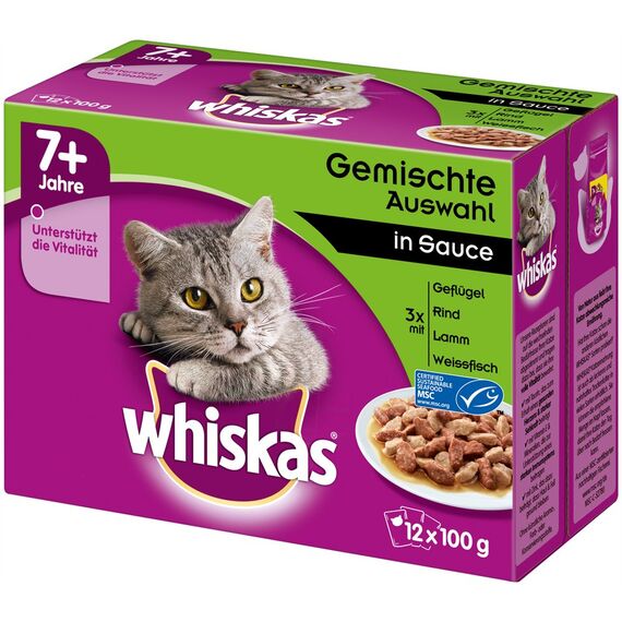 Whiskas 7+ Katzennassfutter – Gemischte Auswahl in Sauce – Hochwertiges Feuchtfutter in 48 Portionsbeuteln für Katzen ab 7 Jahren und älter – Katzenfutter – 4er Pack (4 x 12 Portionsbeutel à 100g)