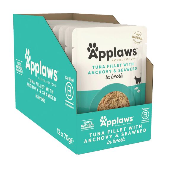 Applaws Premium Natural Katzenfutter Nass, Thunfischfilet mit Sardellen in Brühe 70g Portionsbeutel (12x70g )