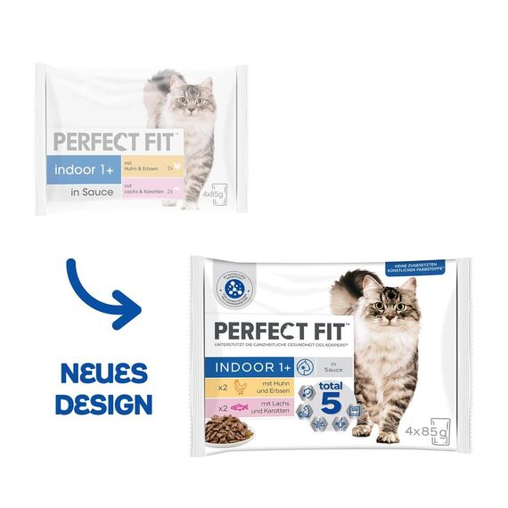 Perfect Fit Indoor 1+ – Nassfutter für Erwachsene Hauskatzen ab 1 Jahr – Auswahl in Sauce – Unterstützt die Vitalität – 52 x 85 g