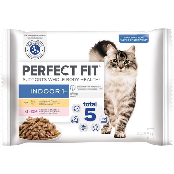 Perfect Fit Indoor 1+ – Nassfutter für Erwachsene Hauskatzen ab 1 Jahr – Auswahl in Sauce – Unterstützt die Vitalität – 52 x 85 g