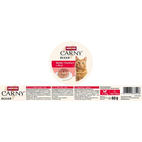 animonda Carny Ocean Katzen Nassfutter Weißer Thunfisch + Rind (12 x 80 g), Katzenfutter nass für ausgewachsene Katzen, mit zartem Fischfilet, ohne Getreide ohne Zucker