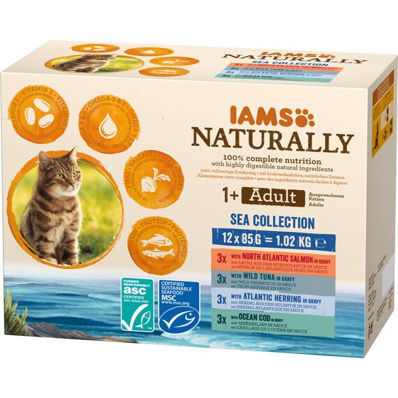 IAMS Naturally Katzenfutter Nass in Sauce - hochwertiges Nassfutter mit Fisch für Erwachsene Katzen, Sea Collection, 12 x 85 g (Packung mit 4)