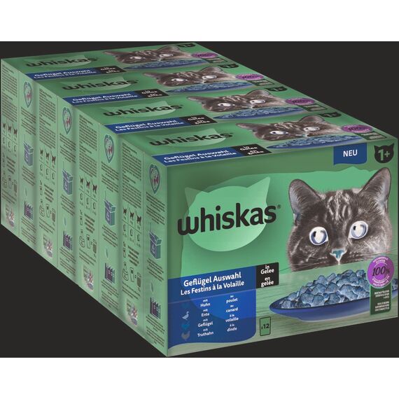 WHISKAS Nassfutter in Gelee für Katzen 12 x 85g Geflügel Auswahl (4 Packungen) 48 Portionsbeutel