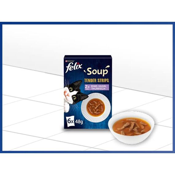 Felix Soup Tender Strips, Suppe für Katzen, Gemischte Vielfalt, 8er Pack (8 x 6 Beutel à 48g)